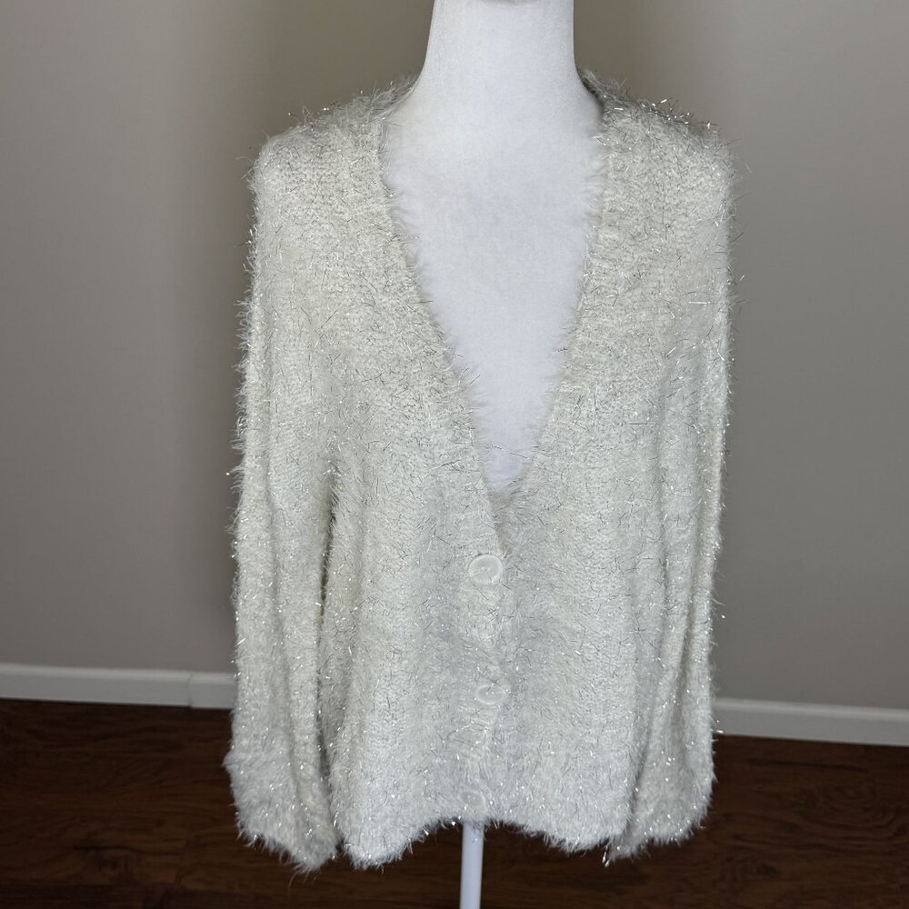 NEW Lauren Conrad Womens L Wispy White Silver Button Cardigan Sweater Elegant
